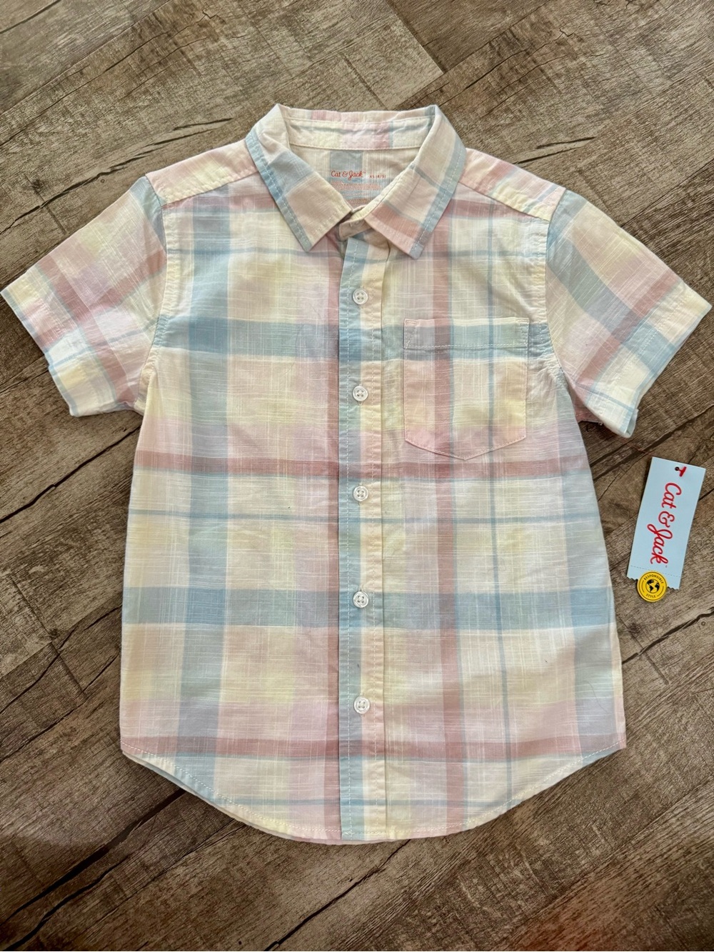 Toddler Boys Button Up Shirt XS 4/5 Pastel Plaid Short Sleeve 100% Cotton NWT